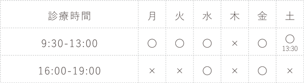 午前9：30～13：30、午後16：00～19：30